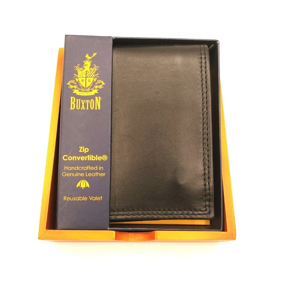 NIB Buxton Black Genuine Leather Bifold Men's Wallet w/Wooden Buxton Box